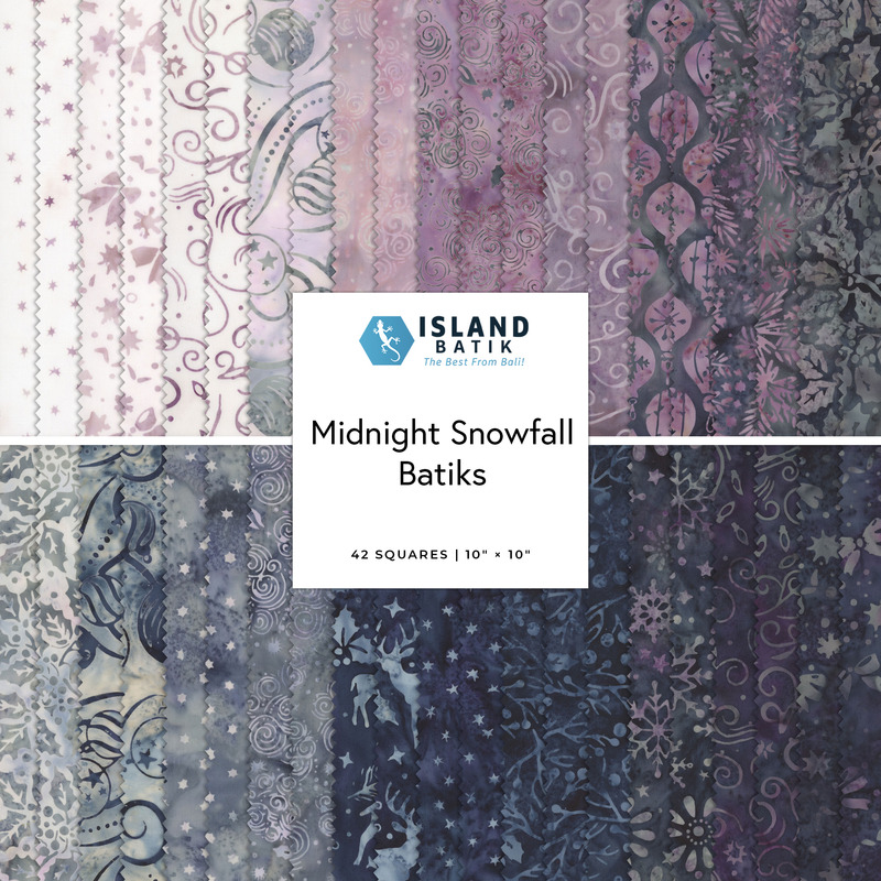 Square collage of winter-themed batiks in shades of white, purple, navy, and grey