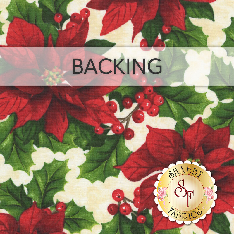 A swatch of cream fabric with large poinsettia flowers and clusters of winter berries. A banner at the top reads "Backing" and a golden Shabby Fabrics logo sits in the bottom right corner.
