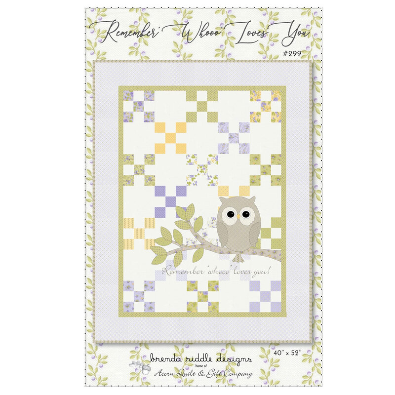 Front of Remember Whooo Loves You quilt pattern showing a digital version of the quilt featuring checker blocks and a sweet little owl.