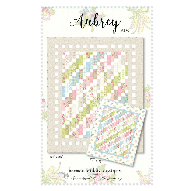 Front of Aubrey quilt pattern showing a digital version of the 54" x 65" and 27" x 33"quilts