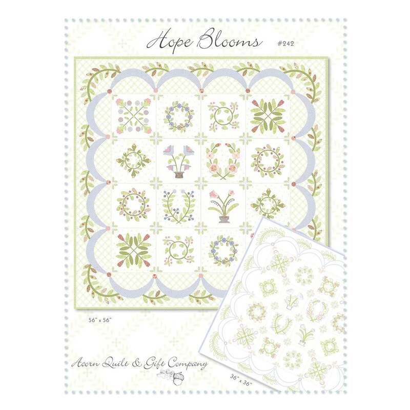 Front of Hope Blooms quilt pattern showing a digital version of the embroidered and applique quilts
