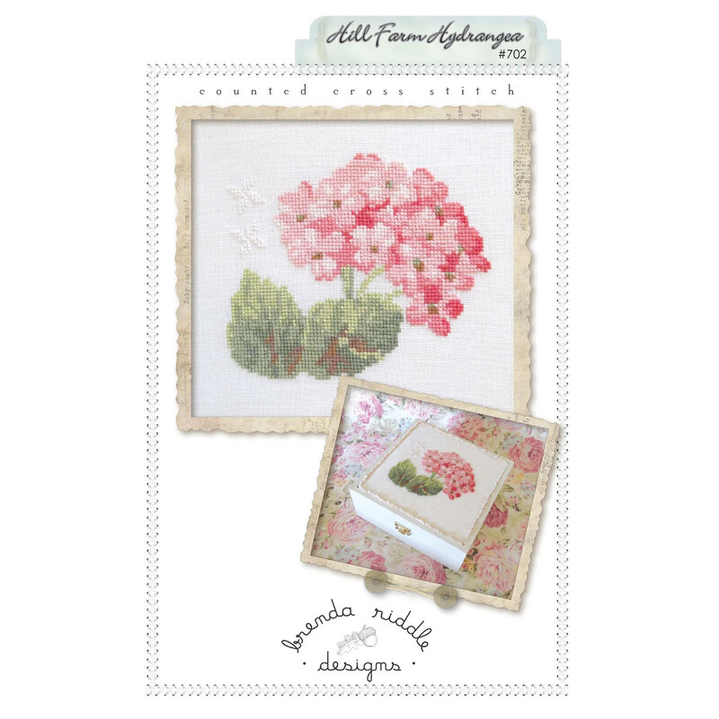 Digital image of the Hill Farm Hydrangea cross stitch pattern featuring 2 finished projects one framed and one as a box top