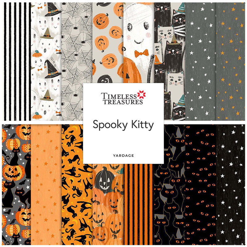 Digital collage of the available yardage fabrics full of Halloween motifs from the Spooky Kitty fabric collection.