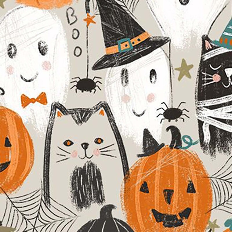 Gray fabric with a scattered design of pumpkins, cats, ghosts, spiderwebs, and more.