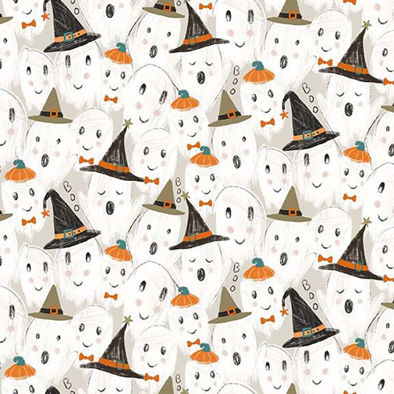 Smoke gray fabric with a scattered design of ghosts wearing pumpkins and witch hats.