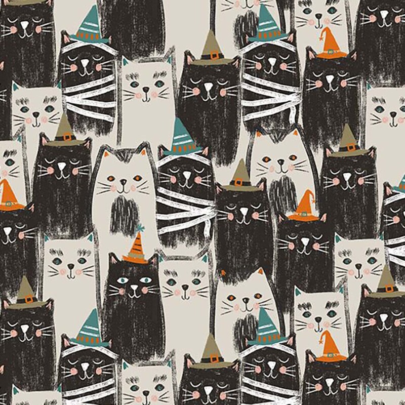 Gray fabric with a packed design of layered cats wearing hats.