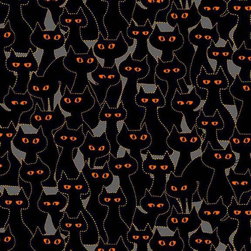 Slate gray fabric with a packed, layered pattern of black cats with glowing orange eyes.