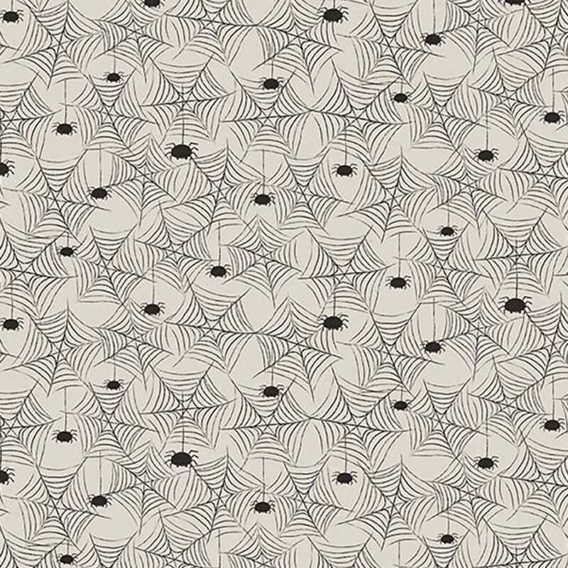 Light gray fabric features a scattered design of black spiders and spiderwebs.