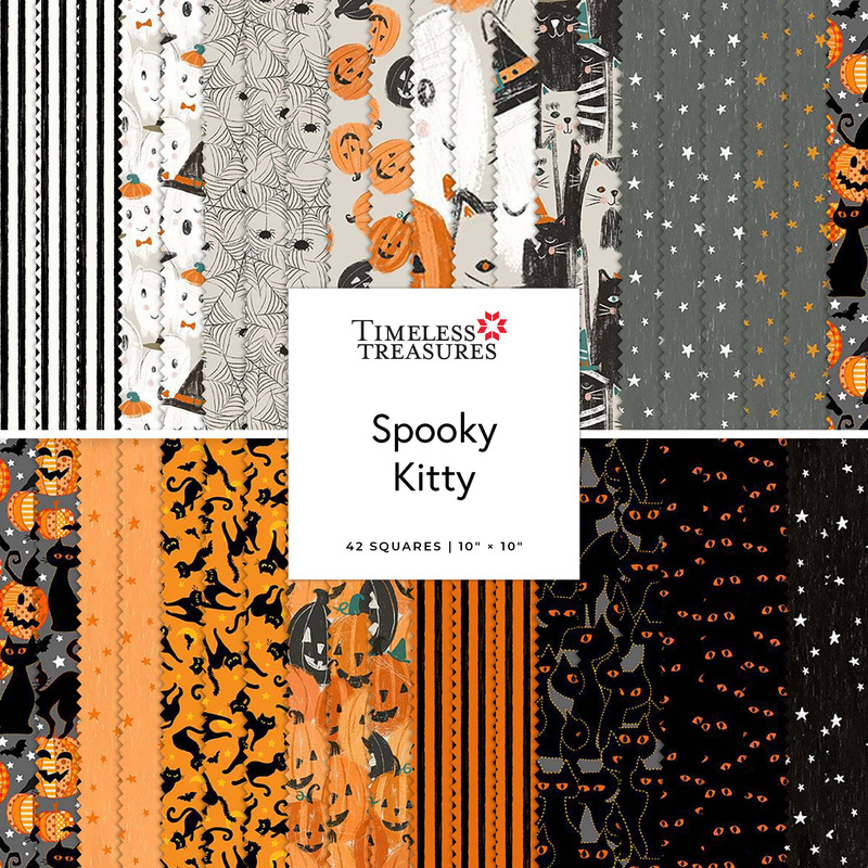 Digital collage of the 10" Square Bundle of Halloween motifs from the Spooky Kitty fabric collection.