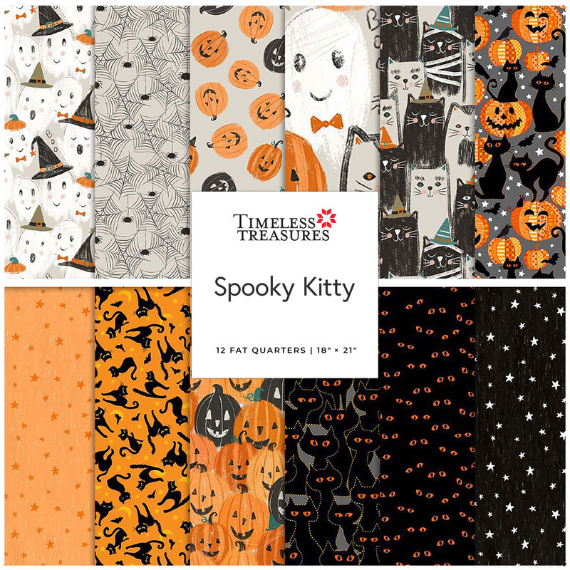 Digital collage of the Fat Quarter Bundle full of Halloween motifs from the Spooky Kitty fabric collection.