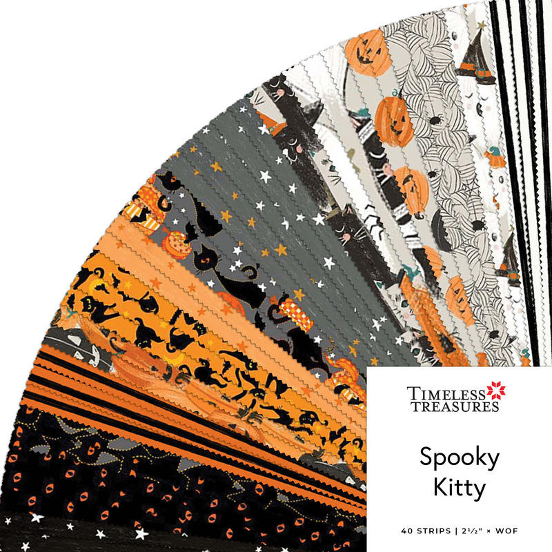 Digital fanned out collage of the 2.5" Strip Roll Bundle from the Spooky Kitty fabric collection.