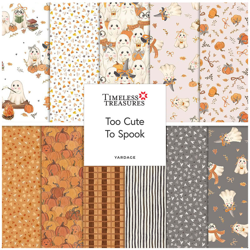 Digital collage of the available yardage fabrics from the Too Cute To Spook fabric collection.