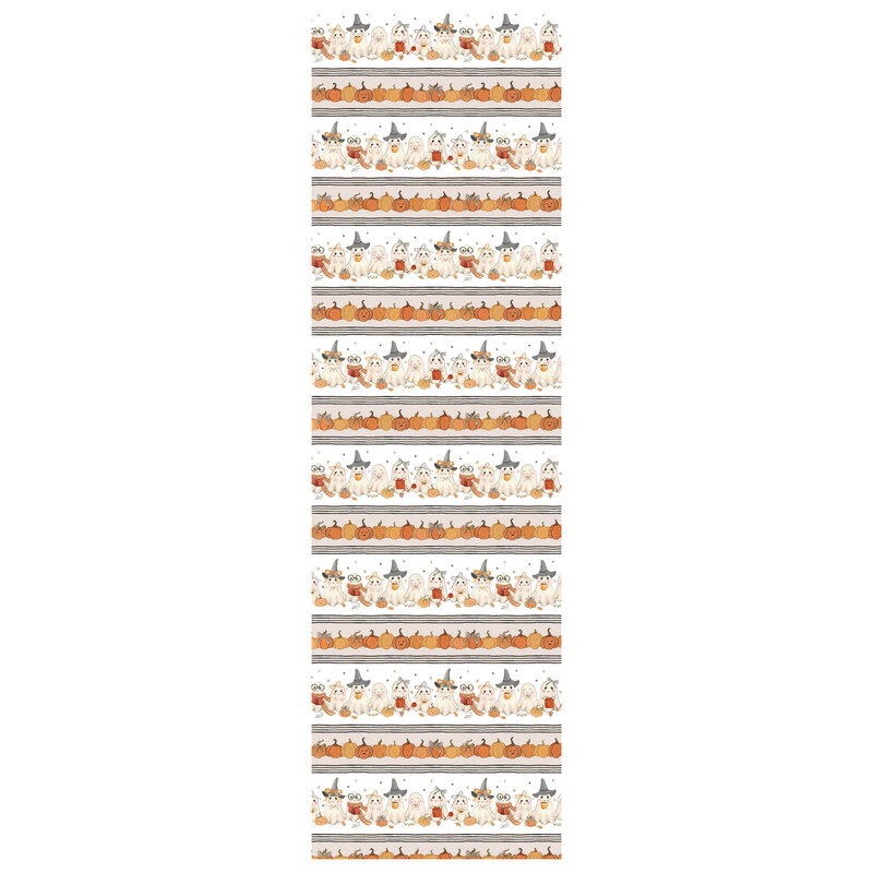 Border stripe fabric with rows of ghosts in different scenes like reading books, knitting, and drinking hot cocoa, and rows of novel pumpkins.