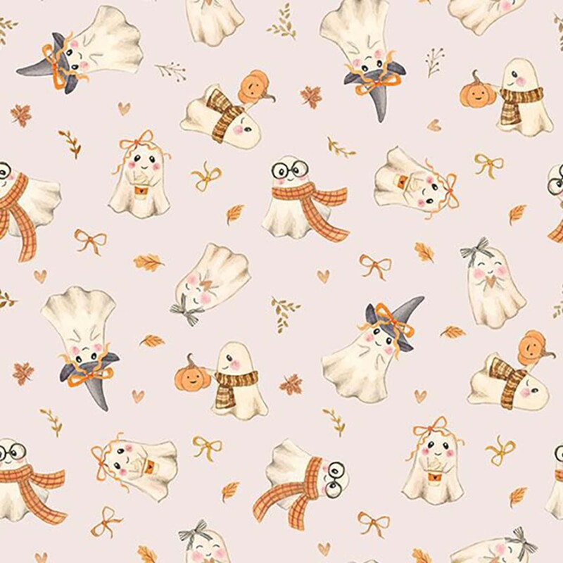 Pastel pink fabric with a tossed pattern of leaves, bows, hearts, and ghosts wearing autumnal clothes.