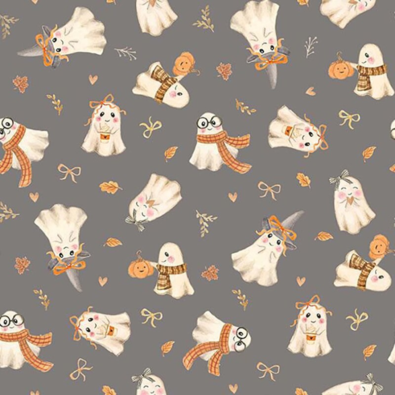 Gray fabric with a tossed pattern of leaves, bows, hearts, and ghosts wearing autumnal clothes.