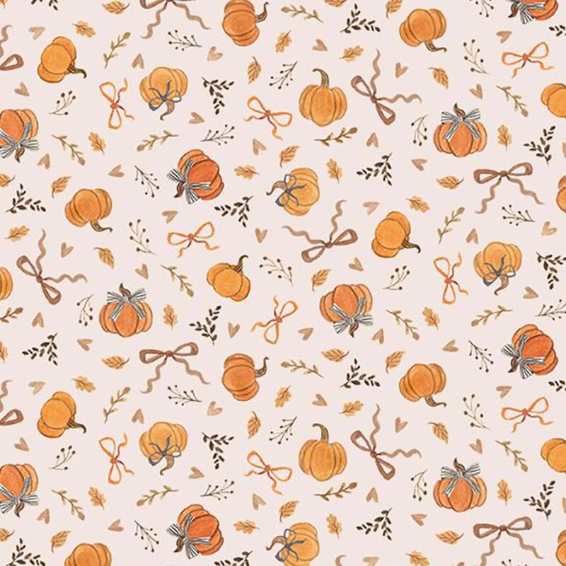 Ash fabric with a tossed design of bows, leaves, sprigs, hearts, and pumpkins.