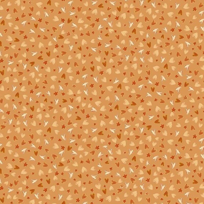 Playful fabric filled with a packed, tossed design of hearts and stars on a golden background.