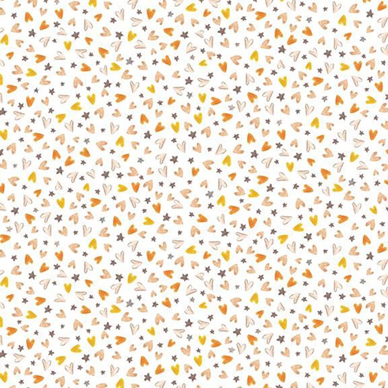 Fabric filled with a packed, tossed design of hearts and stars on a white background.
