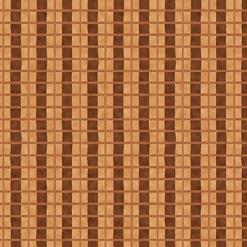 Ocher-brown mottled fabric with a stylized plaid design of dark brown and clay brown stripes.