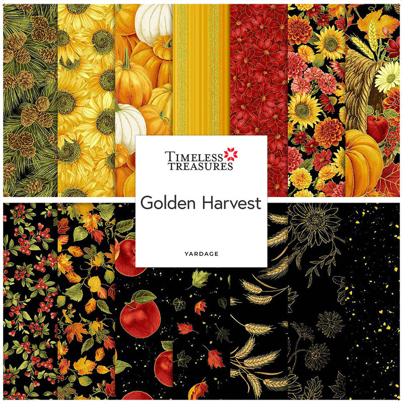 Digital collage of the available yardage fabrics from the Golden Harvest fabric collection.
