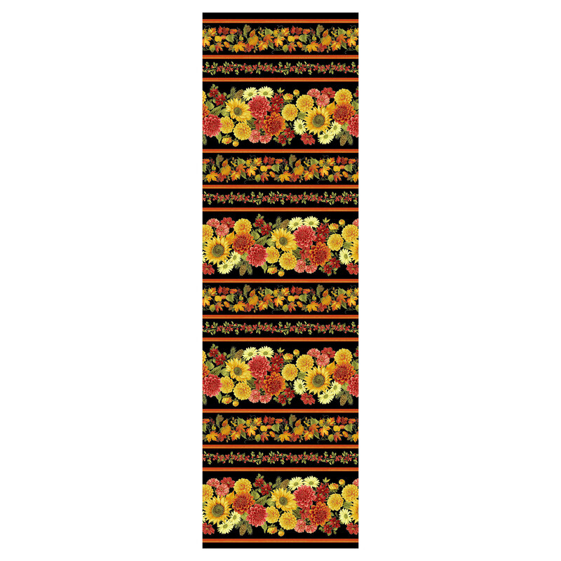 Black border stripe fabric with a grand striped floral design separated by berry vines and orange stripes with golden metallics.