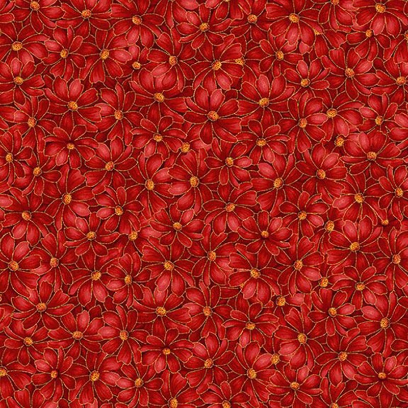 Red fabric with a packed design of scarlet red florals accented with gold metallics.