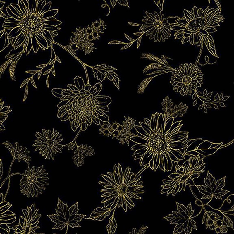 Black fabric with a floral vine design in golden metallic line art.