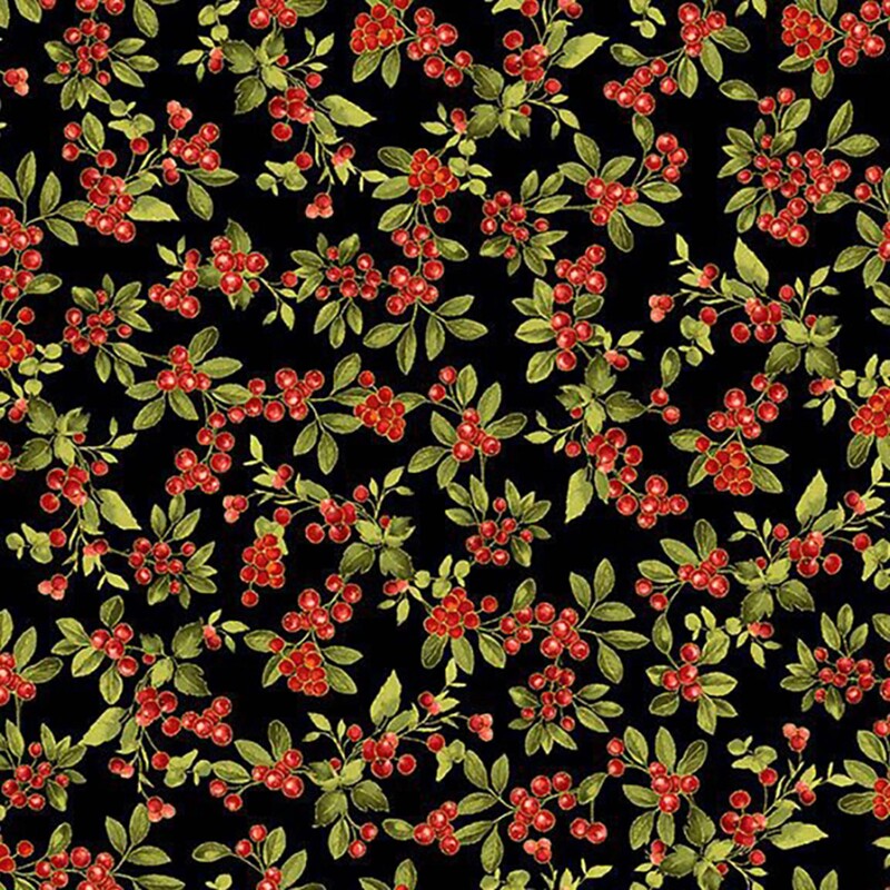 Black fabric with a scattered design of vines with gold-accented berries.