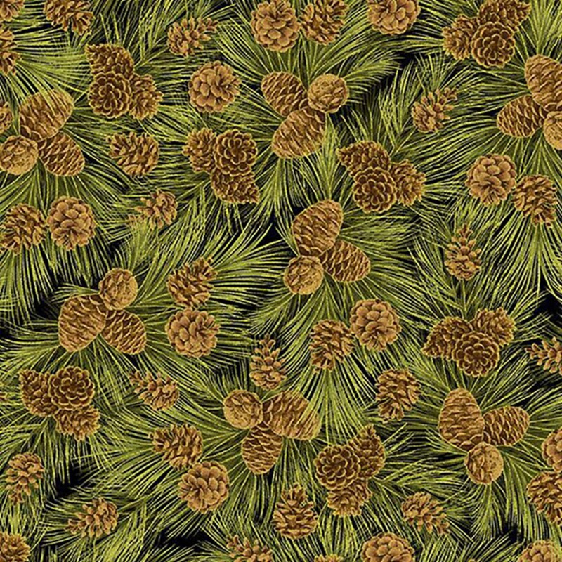 Black fabric with a packed design of pine sprigs with gold-metallic accented pinecones.