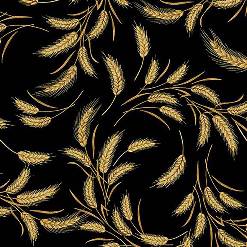 Jet-black fabric with a tossed design of gold metallic wheat sprigs.