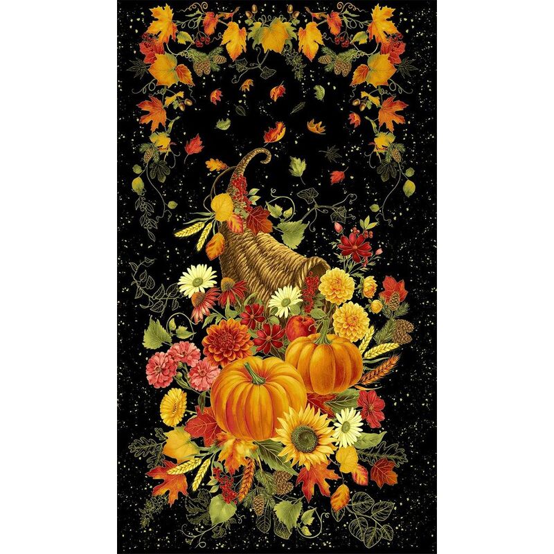 Back panel with gold-metallic pumpkins, florals, and leaves in front of a cornucopia surrounded by vines and golden specks.