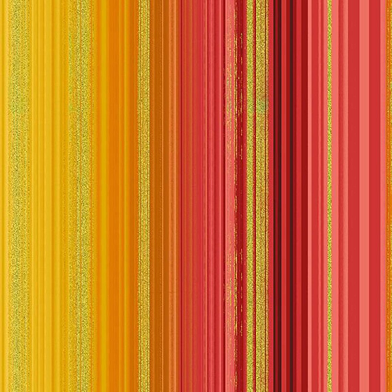 Multicolor fabric with yellow, orange, red, and green stripes accented with gold-metallic stripes.