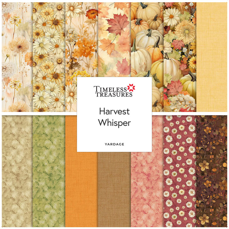 Digital collage of the available yardage fabrics from the Harvest Whisper fabric collection.