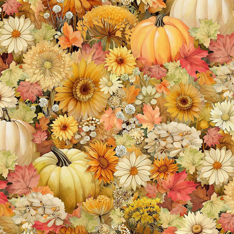 Quaint fabric with a packed pattern of autumnal florals, leaves, and pumpkins.