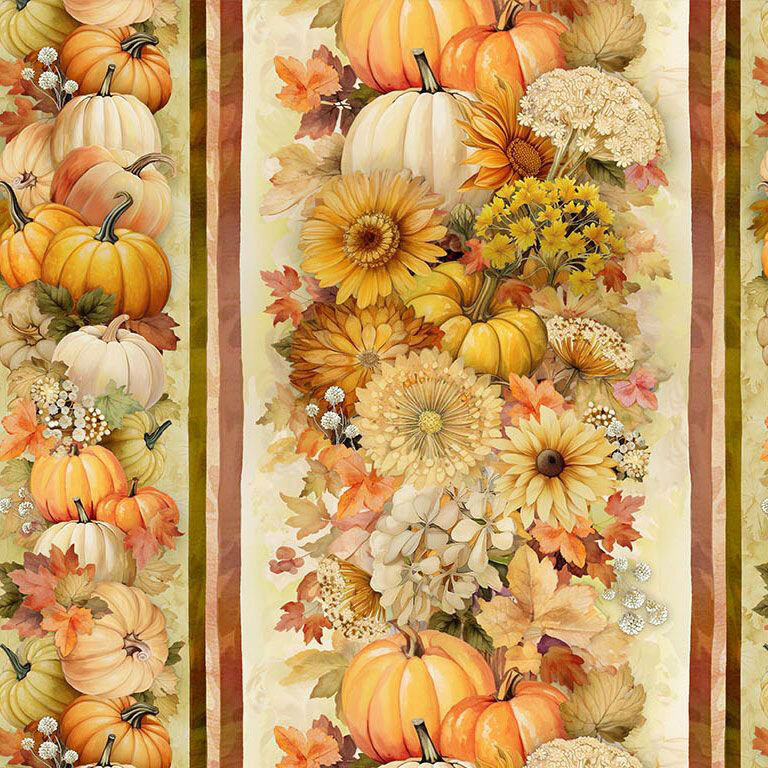 Mottled border print fabric with columns of autumnal leaves, florals, and pumpkins separated by natural walnut brown, tan, and olive green stripes.