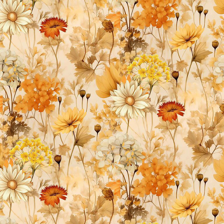 Light almond brown fabric with a packed pattern of beautiful autumnal florals.