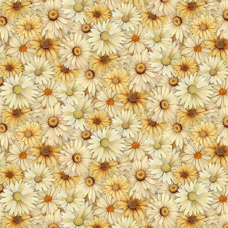 Fabric with a densely packed pattern of autumnal daisy blooms.