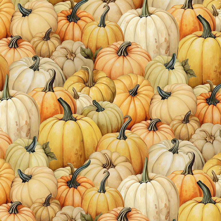 Fabric with a packed design of various kinds of overlapping pumpkins.