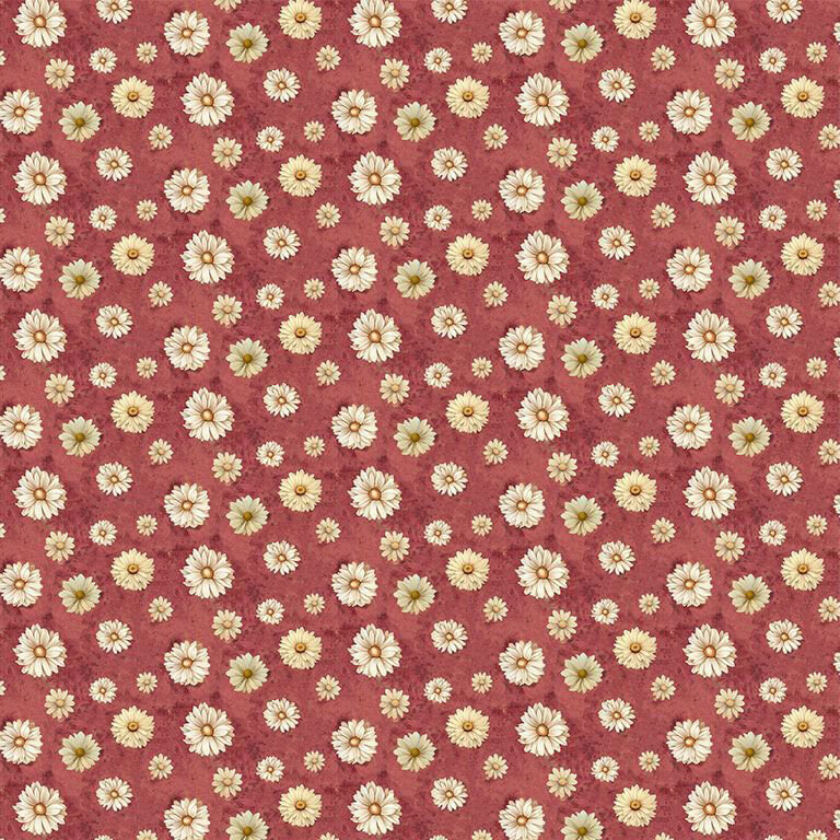 Textured mahogany red fabric with a scattered pattern of white and cream daisies.