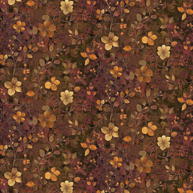 Mottled cocoa brown fabric with a pattern of floral vines.
