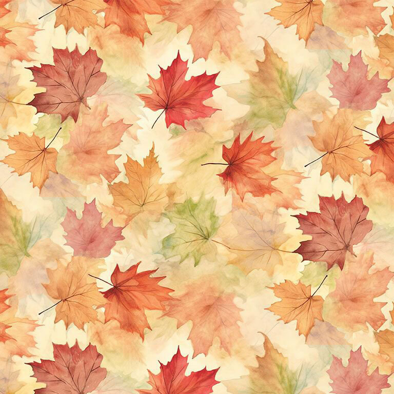Buff yellow fabric with a watercolor pattern of autumnal maple leaves.