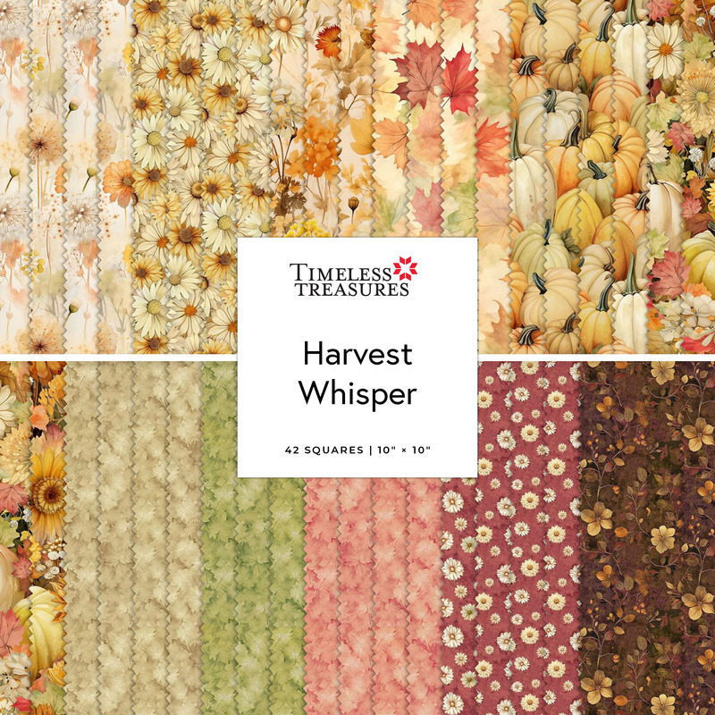 Digital collage of the 10" Squares Bundle from the Harvest Whisper fabric collection.