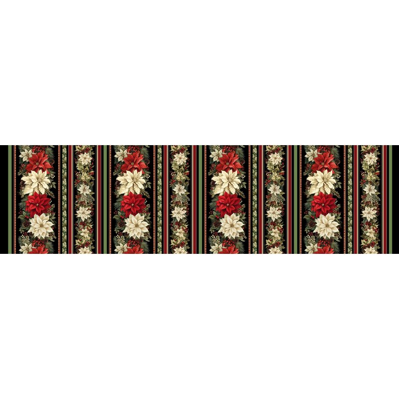 Boder stripe fabric with alternating stripes of large and small poinsettias.