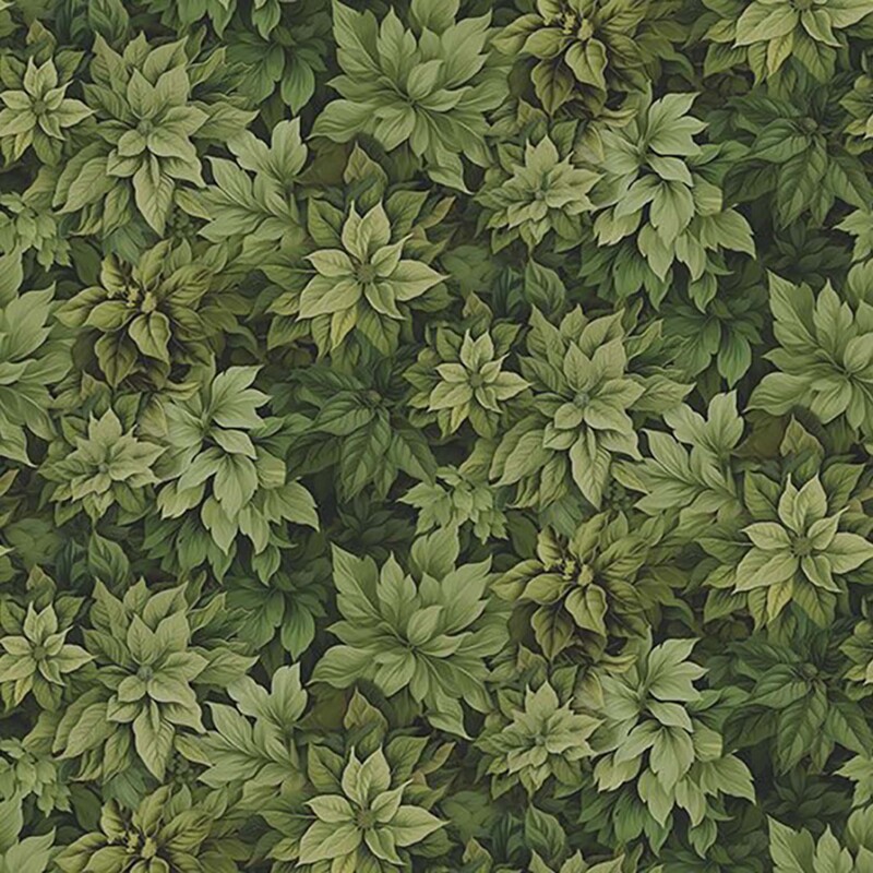 Fabric with a packed design of poinsettia leaves.