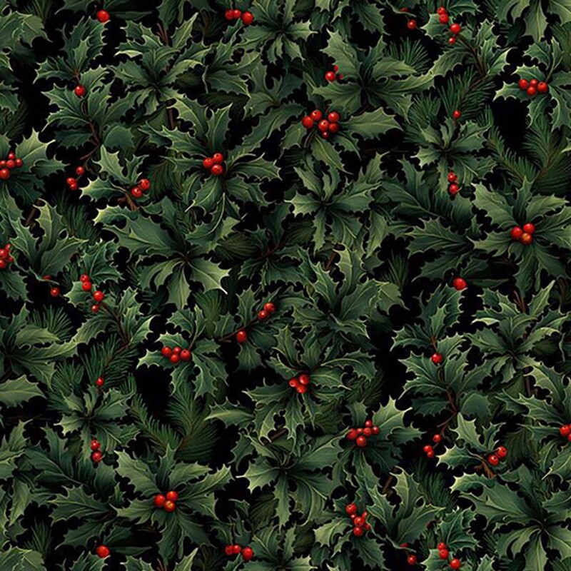 Black fabric with a packed design of holly leaves and berries.