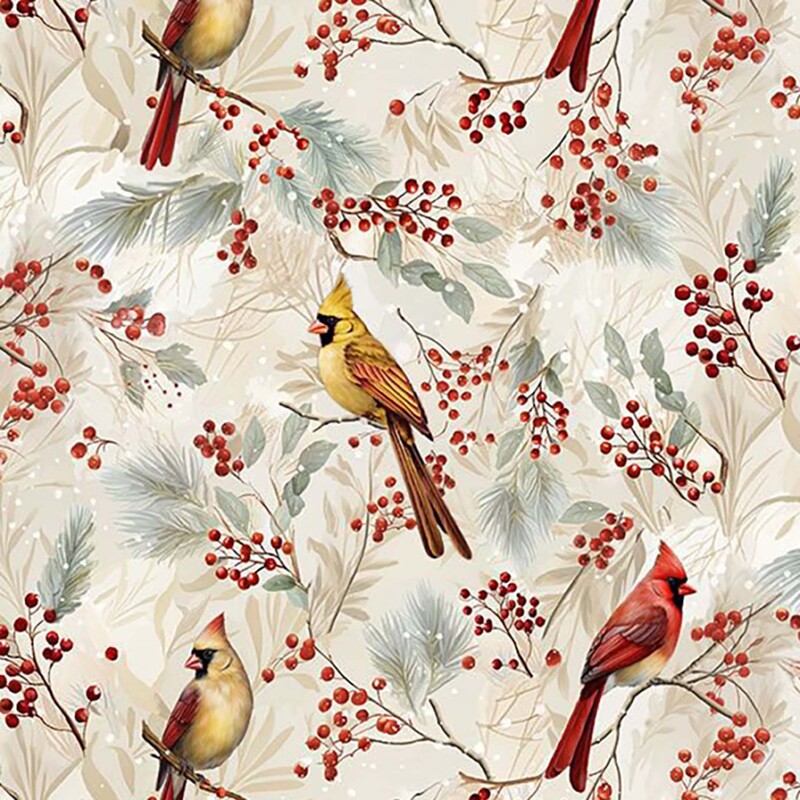 Cream fabric with light sage leaves and pine branches with cardinals perched on them.