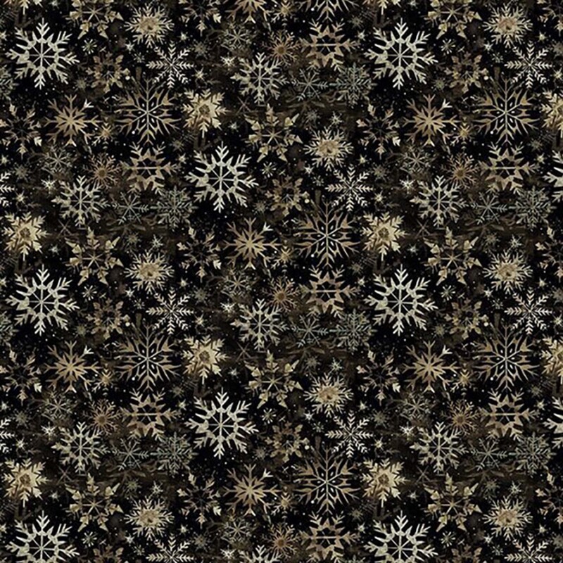 Black fabric with a packed design of multicolored snowflakes.