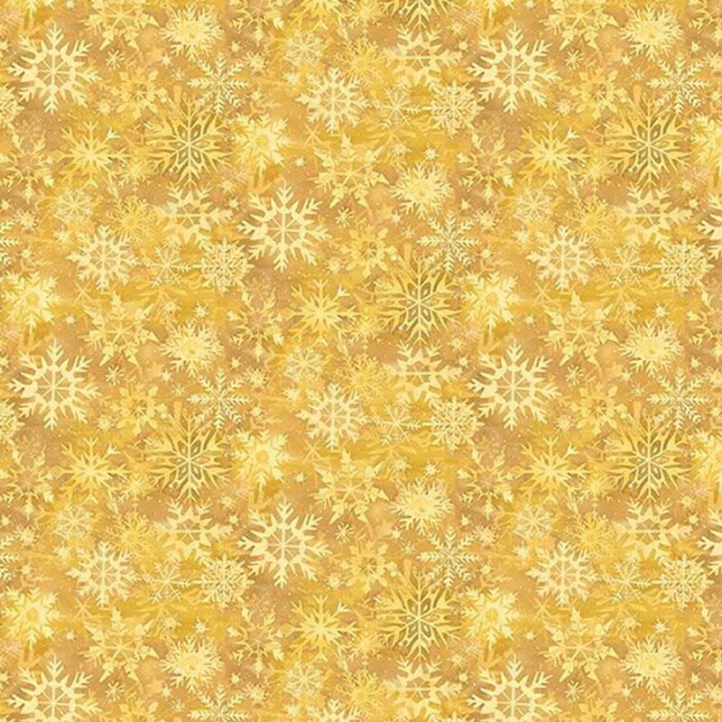 Yellow fabric with a packed design of multicolored snowflakes.