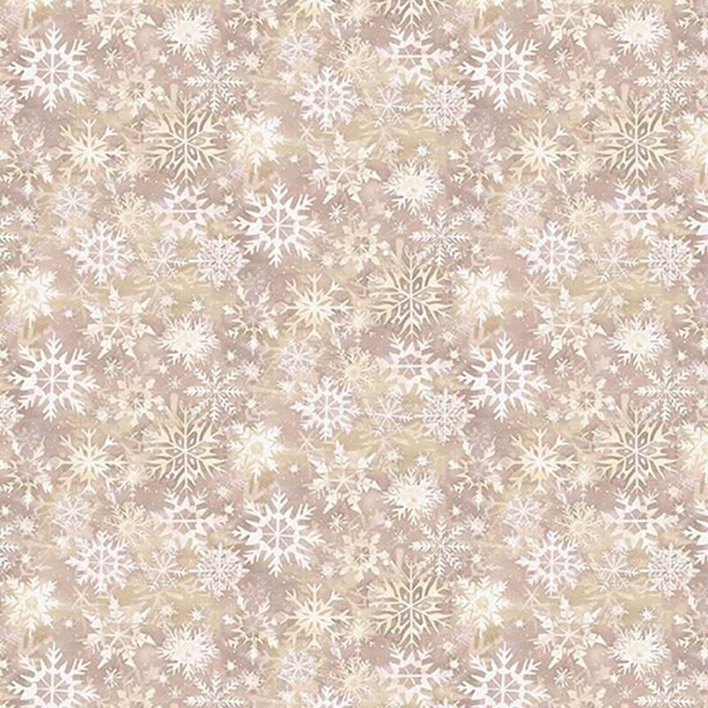 Light tan fabric with a packed design of snowflakes.