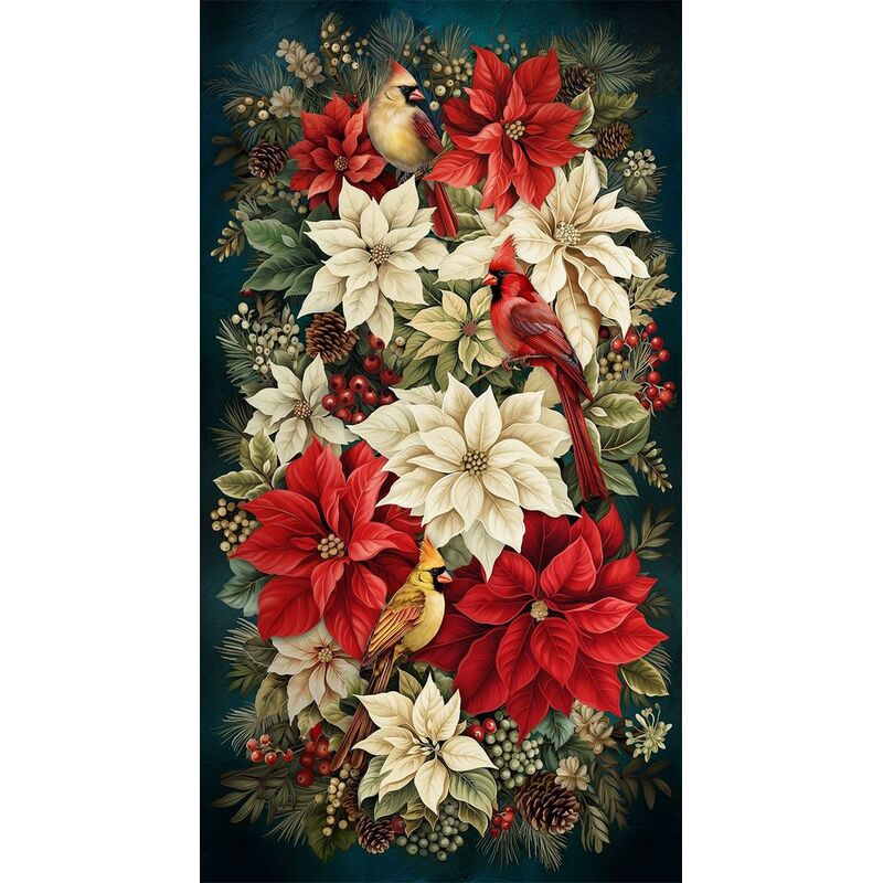 A festive panel with large red and white poinsettias, cardinals, and berries on a mottled background.
